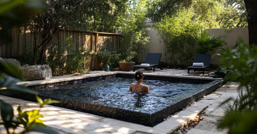 woman in plunge pool with landscaping and fencing around