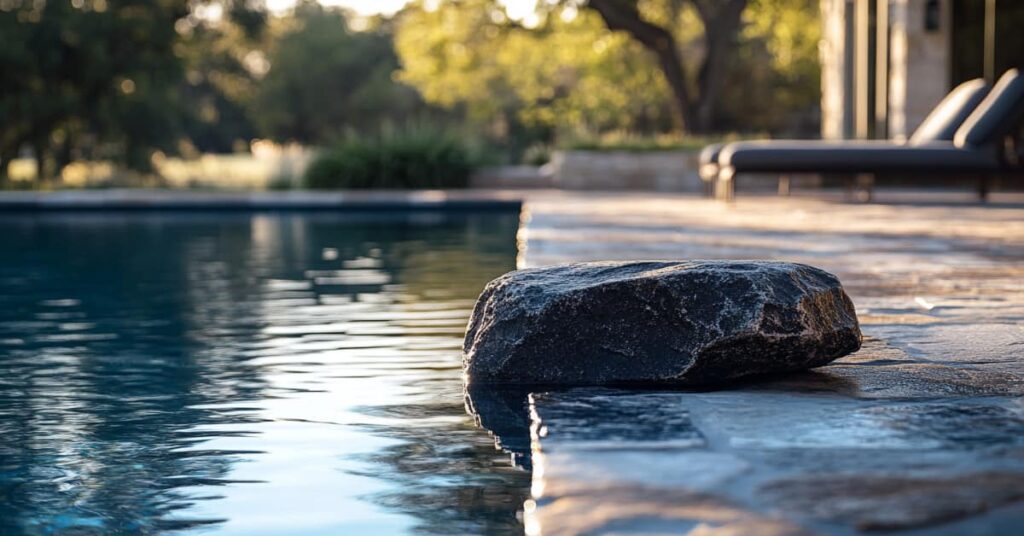 a large stone along side pool concept of a diving rock