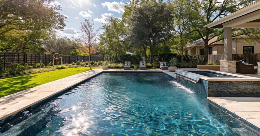 a pool with a waterfall in the middle of it