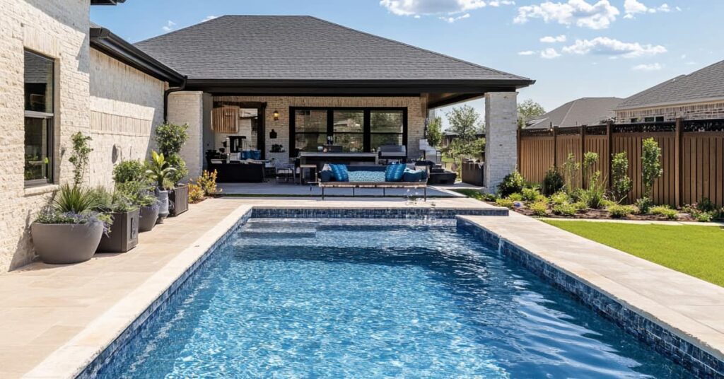 modern style pool with pavilion behind house