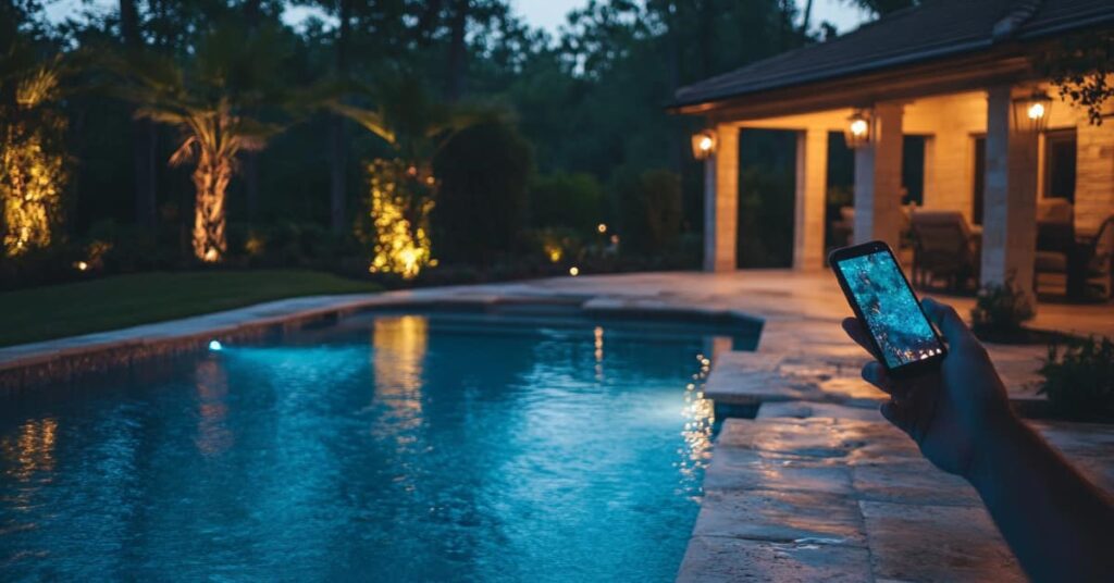 hand holding cell phone by pool, concept of Smart Technology and signs a pool is in need of a renovation or remodel