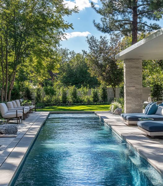 pool builder Willow Creek TX, custom pool build with chaise loungers on sides on deck