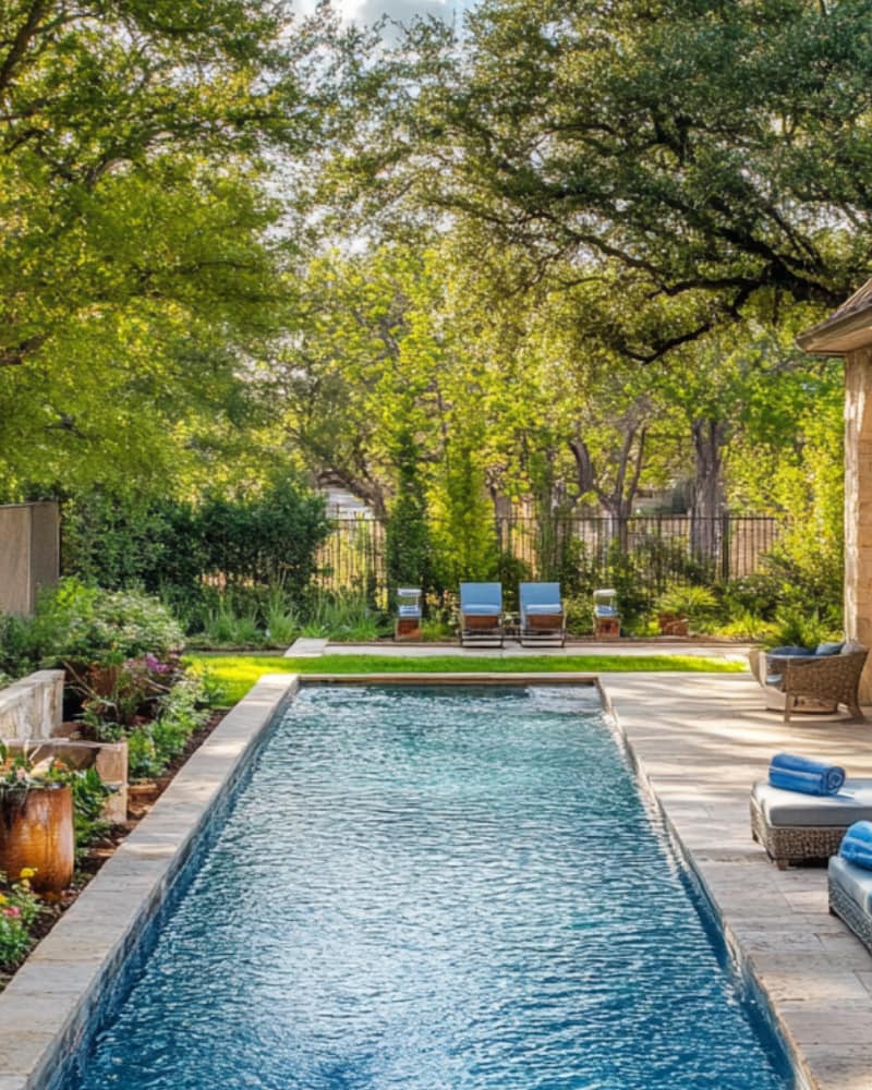 long narrow pool between gardens, concept of Lumberton TX pool services